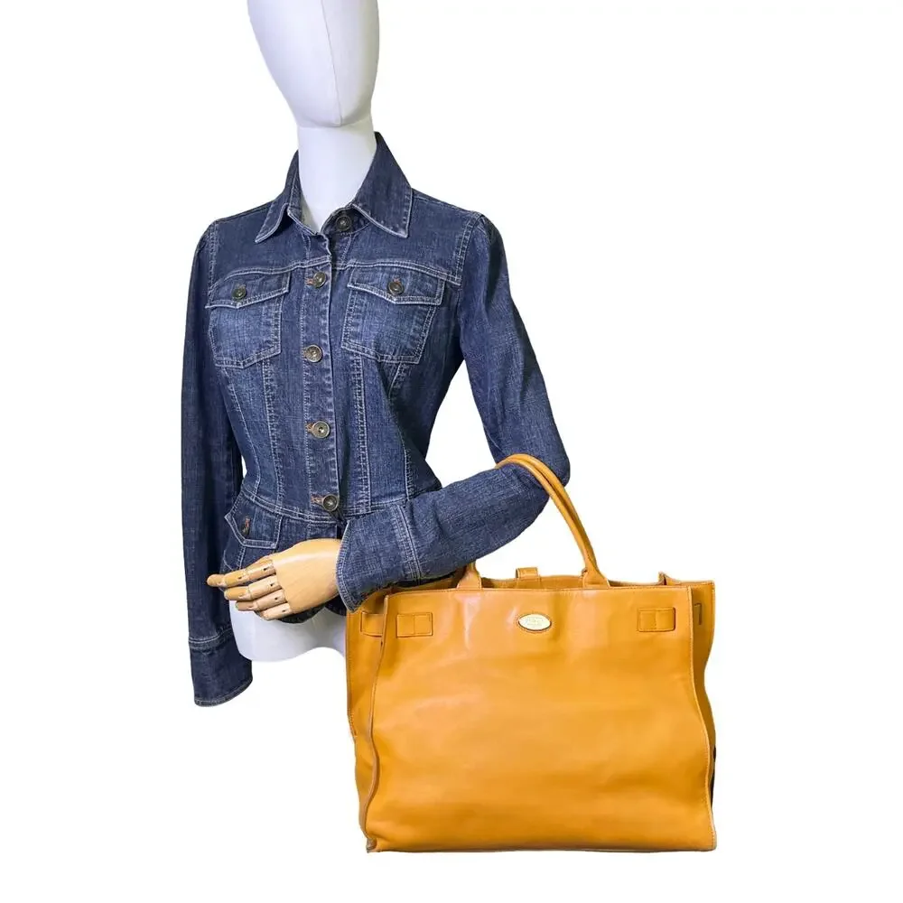 Furla Vintage Greta Tan Leather Large Tote Bag Satchel Made in Italy Mustard